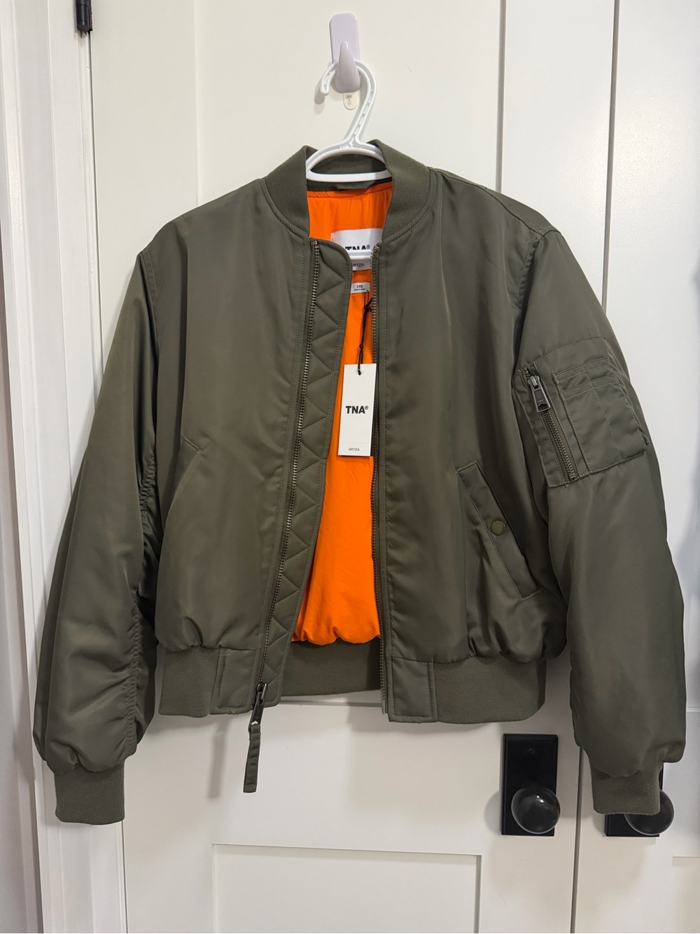TNA Olive Green Bomber Jacket with Orange Lining